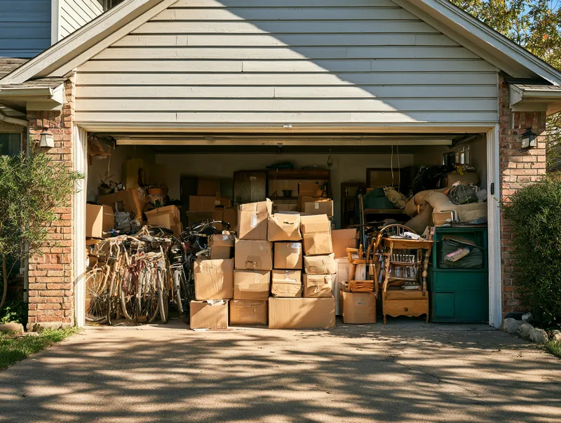 Garage packed with boxes and old bikes before a junk removal cleanout in Schertz TX